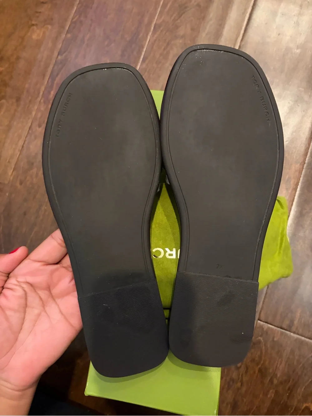 Tory Burch Black Patent Slide Sandals with Silver Logo Emblem